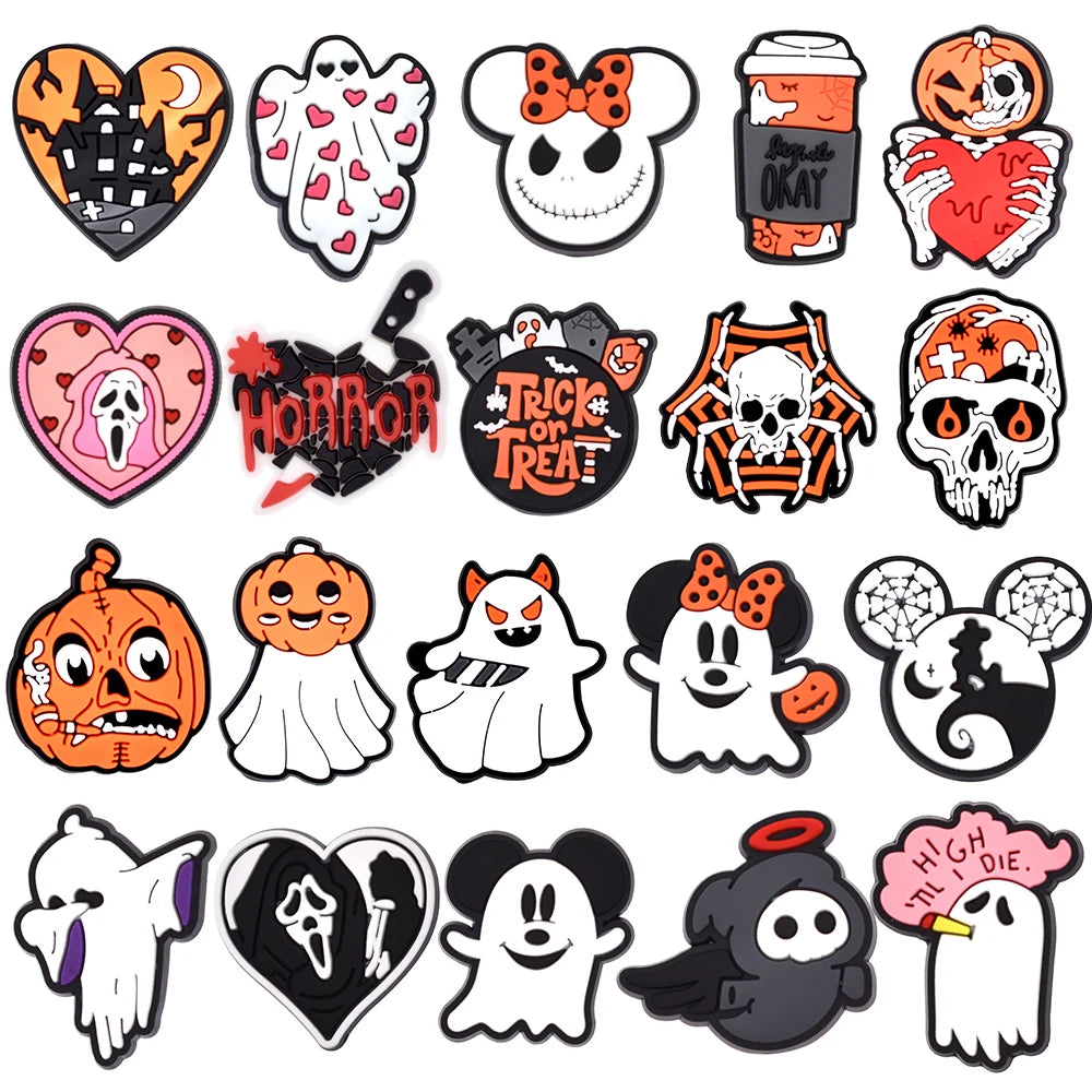 1-32Pcs Halloween Ghost Shoes Charms PVC Cartoon Shoe Decoration Accessories Buckle Fit Clog Sandal Wristband Kids Gifts