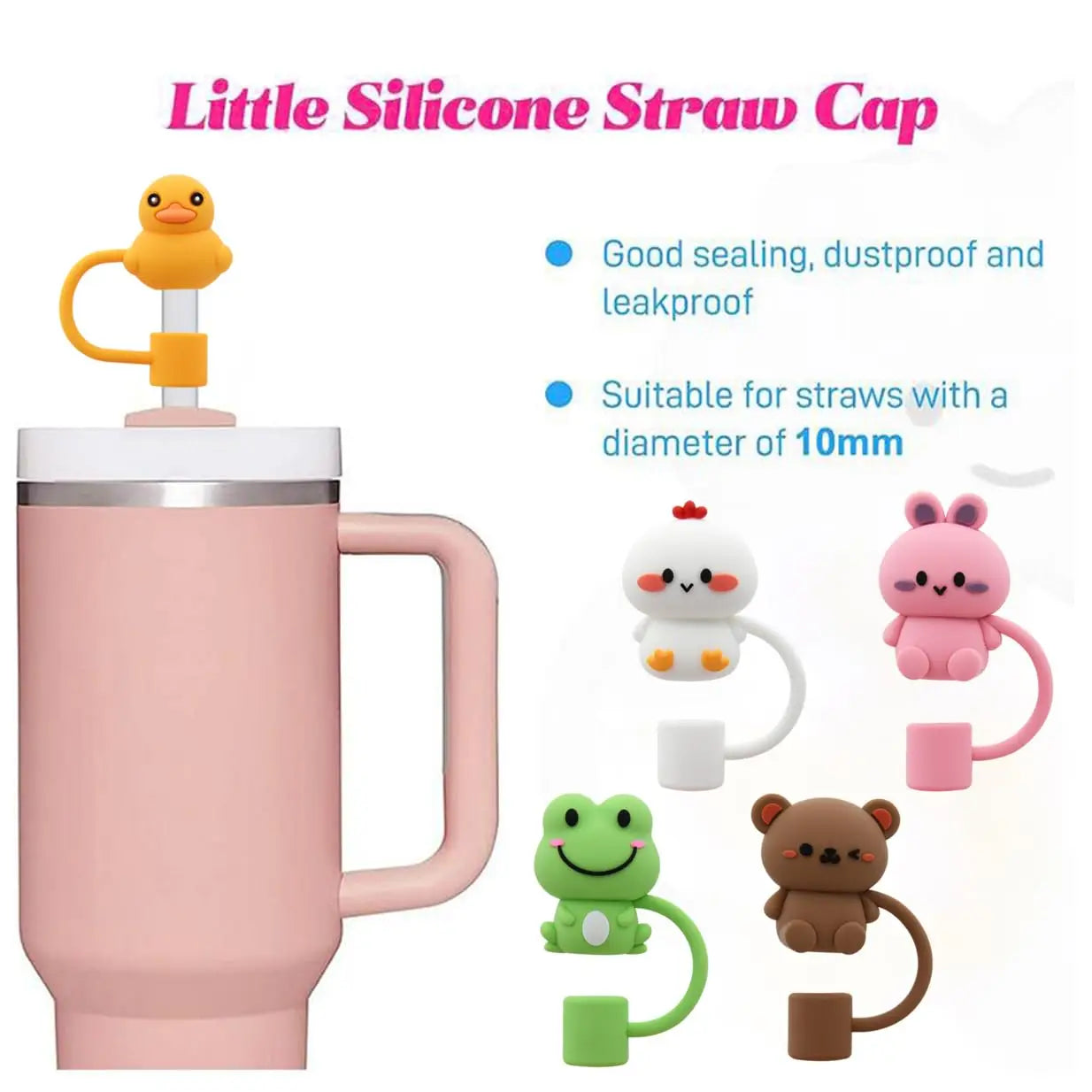 5Pcs Animal Shape Reusable10Mm Silicone Straw Topper for Stanley Cup Accessories Dust-Proof Straw Cover Tips Lids