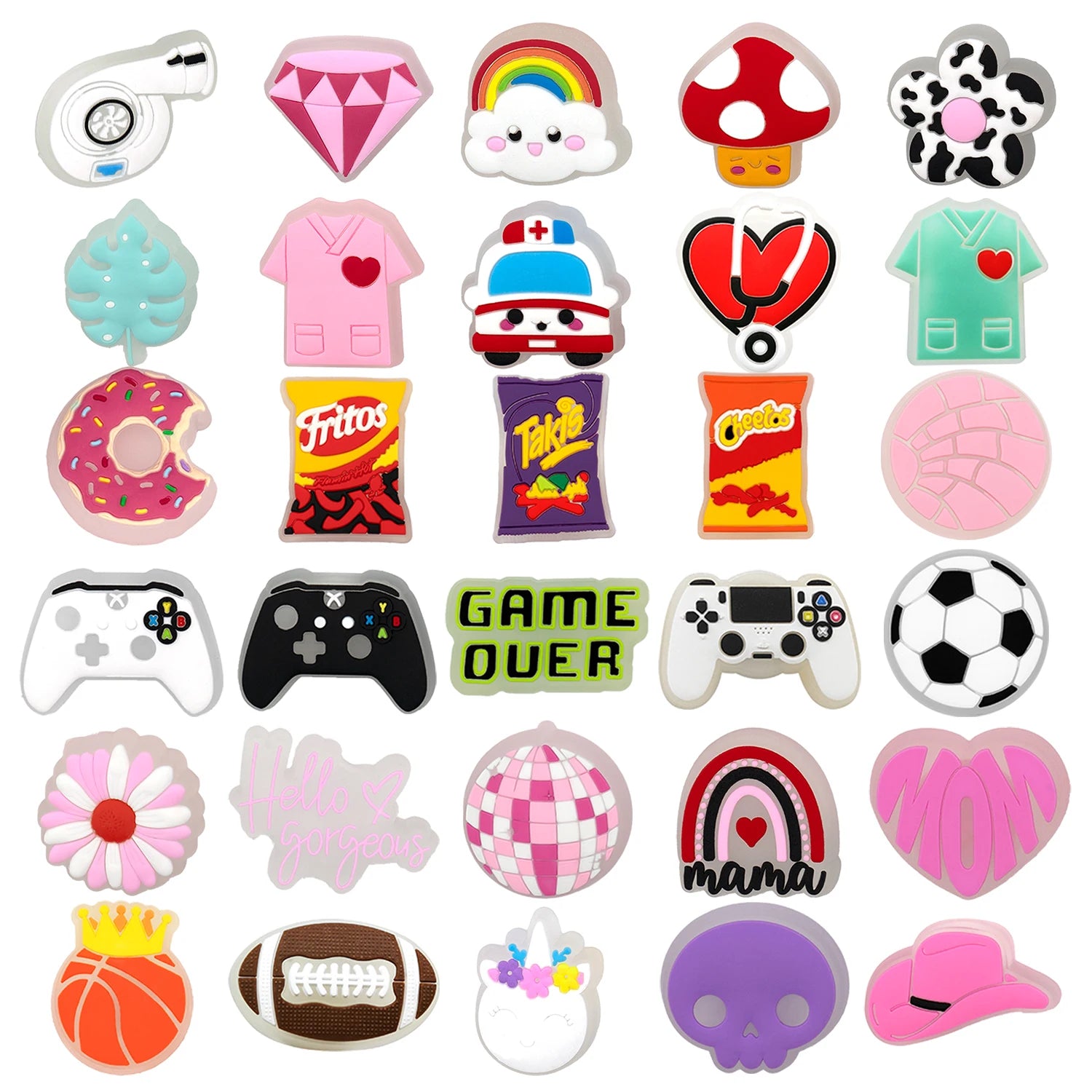 1/5PCS Pink Nurses Mom LED Shoes Charms Gamepad Turbo Football Shoe Decoration Accessories Rainbow Flower Doughnut Pins Clog