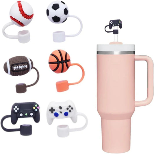 6Pcs 10Mm 0.4In Basketball, Football Rugby Gamepad PVC Silicone Straw Covers Caps Reusable Straw Tips Cover for Tumbler