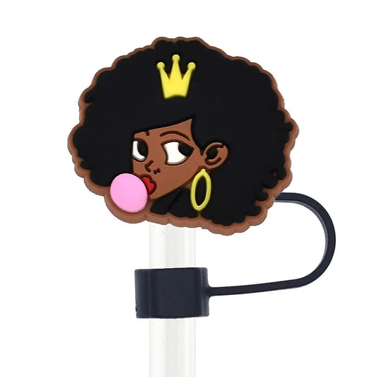 Black Girl Straw Covers Cap Reusable Silicone Straw Toppers Compatible with Tumbler Cup Spill Leak Stopper Splash Dust Proof